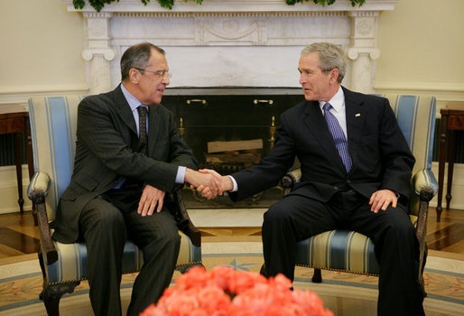 President George W. Bush welcomes Russian Foreign Minister Sergei Lavrov to a meeting in the Oval Office, Tuesday, March 7, 2006, at the White House. White House photo by Paul Morse
