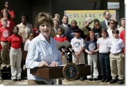 Mrs. Laura Bush addresses a crowd at the College Park Elementary School in Gautier, Miss., Wednesday, March 8, 2006, announcing the establishment of The Gulf Coast School Library Recovery Initiative, to help Gulf Coast schools that were damaged by the hurricanes rebuild their book and material collections. The initiative was established by the Laura Bush Foundation for American Libraries.  White House photo by Eric Draper