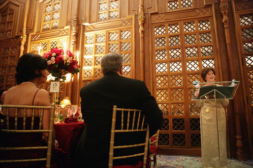 Mrs. Laura Bush addresses guests, Tuesday evening, March 8, 2006 at the at "Bridges of Hope: Educating Children for a Better Future," The Kuwait-America Foundation's 2006 Benefit Dinner in Washington, where Mrs. Bush was honored for her dedication to help improve the living conditions and education of children around the world. White House photo by Shealah Craighead
