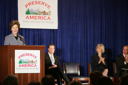 Laura Bush delivers remarks Thursday, March 9, 2006, in Washington, DC, during an award ceremony honoring 45 Preserve America communities who received grants to help them develop resource management strategies and sound business practices for continued preservation and use of their heritage assets. Twenty-eight states were represented in the first round of Preserve America grants with a total of $3.5 million awarded. White House photo by Shealah Craighead