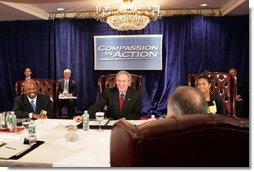 President George W. Bush meets with philanthropic leaders and social service providers, Thursday, March 9, 2006 at The White House National Conference on Faith-Based and Community Initiatives at the Washington Hilton Hotel. President Bush talked about the important philanthropic role individual volunteers, corporations and foundataions play in providing funding for social services, and the funding challenges faced by faith-based and community organizations.  White House photo by Kimberlee Hewitt