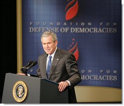 President George W. Bush addresses his remarks on the global war on terror, Monday, March 13, 2006 , before members and guests of the Foundation for the Defense of Democracies at the Dorothy Betts Marvin Theatre at George Washington University in Washington.  White House photo by Paul Morse