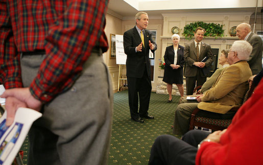 President George W. Bush gestures Tuesday, March 14, 2006, as he speaks to senior citizens at the Ferris Hills at West Lake Senior Center in Canandaigua, N.Y., discussing the benefits of the new Medicare prescription drug program. White House photo by Kimberlee Hewitt