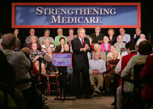 President George W. Bush addresses his remarks on the Medicare Prescription Drug Benefit to an audience at the Riderwood Villiage retirement community, Wednesday, March 15, 2006 in Silver Spring, Md. White House photo by Paul Morse
