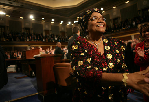Liberian President Ellen Johnson-Sirleaf is welcomed by a Joint Meeting of Congress as she makes her way to the rostrum of the House Chamber before her remarks at the Capitol, Wednesday, March 15, 2006. President Johnson-Sirleaf is the first democratically elected female president of an African country and won Liberia’s November 2005 presidential elections with a margin of almost 20% of the vote. White House photo by David Bohrer
