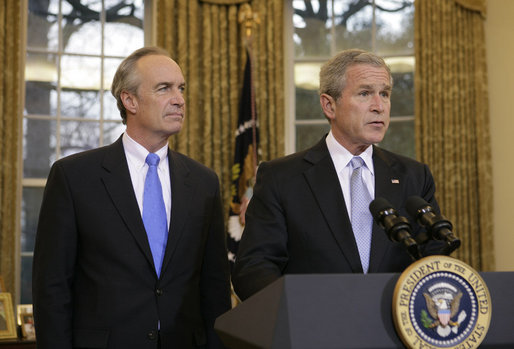 With Gov. Dirk Kempthorne at his side Thursday, March 16, 2006 in the Oval Office, President George W. Bush announces his intention to nominate the Governor to be Secretary of the Interior. White House photo by Paul Morse