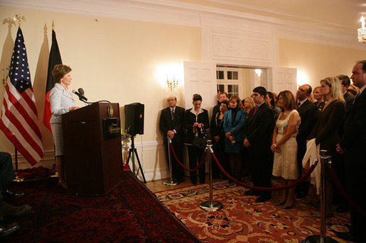 Mrs. Laura Bush delivers remarks to guests attending the Afghan Children's Initiative Benefit Dinner at the Afghanistan Embassy in Washington, DC on Thursday evening, March 16, 2006. White House photo by Shealah Craighead