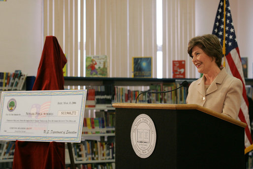 Mrs. Laura Bush announces a Striving Readers grant to Newark Public Schools, during her visit to the Avon Avenue Elementary School, Thursday, March 16, 2006 in Newark, N.J. The Striving Readers grant will be used to support programs to improve students reading skills and become proficient at grade level. White House photo by Shealah Craighead