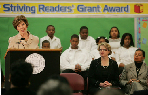 Mrs. Laura Bush addresses an audience at the Avon Avenue Elementary School, Thursday, March 16, 2006 in Newark, N.J., where Mrs. Bush announced a Striving Readers grant to Newark Public Schools. The grant will be used to support programs to improve students reading skills. White House photo by Shealah Craighead