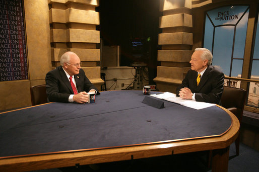 Vice President Dick Cheney talks with Bob Schieffer during an interview on CBS's Face the Nation at CBS studios in Washington, Sunday, March 19, 2006. White House photo by David Bohrer