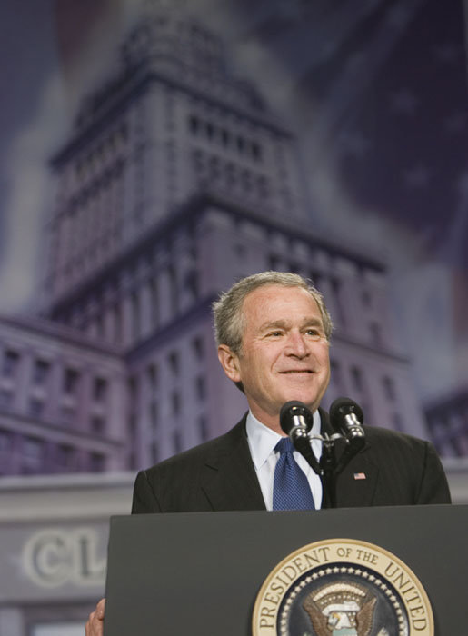President George W. Bush addresses his remarks on the global war on terror at the Renaissance Cleveland Hotel in Cleveland, Ohio, Monday, March 20, 2006, to members of the City Club of Cleveland. White House photo by Paul Morse