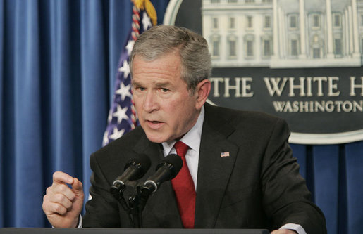 In his second press conference of the year, President George W. Bush answers reporters questions, Tuesday morning, March 21, 2006, during a news briefing at the White House. White House photo by Paul Morse