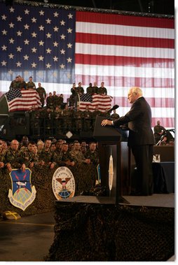 Vice President Dick Cheney thanks troops and their families for their efforts in the global war on terror during remarks delivered at Scott Air Base in Illinois, Tuesday, March 21, 2006. Scott Air Base is the home of the US Transportation Command (USTRANSCOM), which coordinates worldwide transportation efforts using both military and commercial resources. During an average week, USTRANSCOM conducts more than 1,900 air missions and 10,000 ground shipments in 75 percent of the world's countries.  White House photo by David Bohrer