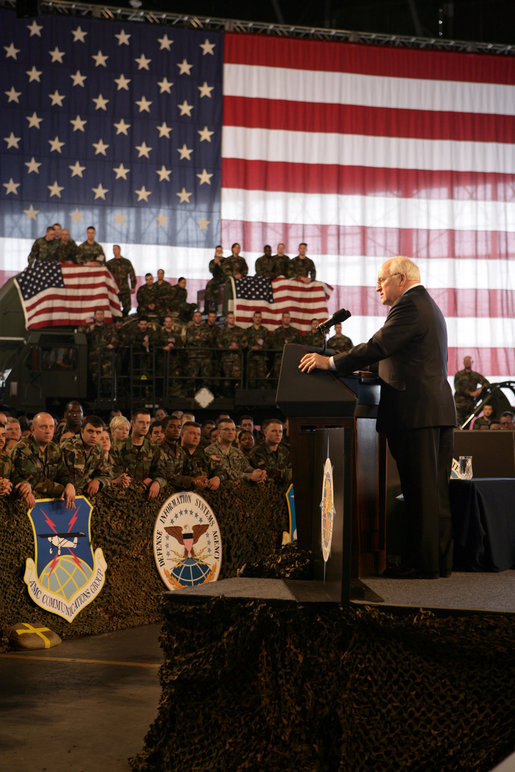 Vice President Dick Cheney thanks troops and their families for their efforts in the global war on terror during remarks delivered at Scott Air Base in Illinois, Tuesday, March 21, 2006. Scott Air Base is the home of the US Transportation Command (USTRANSCOM), which coordinates worldwide transportation efforts using both military and commercial resources. During an average week, USTRANSCOM conducts more than 1,900 air missions and 10,000 ground shipments in 75 percent of the world's countries. White House photo by David Bohrer