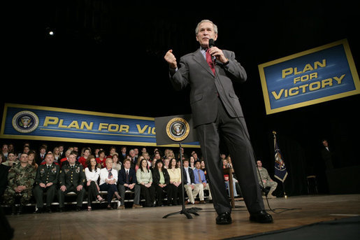 President George W. Bush gestures as he addresses his remarks on the global war on terror, Wednesday, March 22, 2006 at the Capitol Music Hall in Wheeling, W. Va. White House photo by Eric Draper