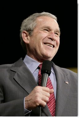 President George W. Bush reacts to a question from the audience following his remarks on the global war on terror Wednesday, March 22, 2006 at the Capitol Music Hall in Wheeling, W. Va.  White House photo by Eric Draper