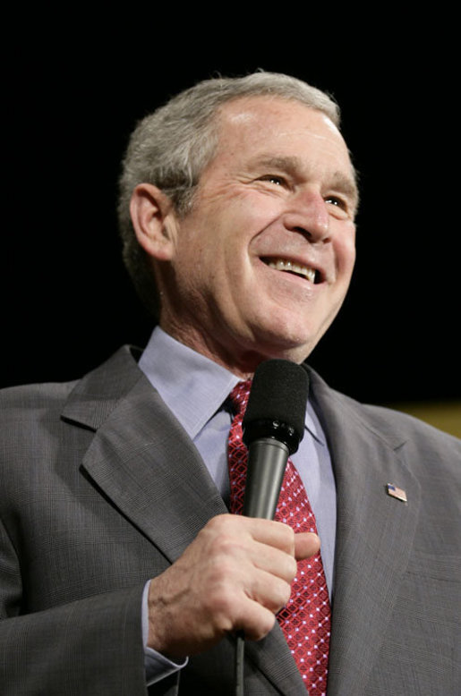 President George W. Bush reacts to a question from the audience following his remarks on the global war on terror Wednesday, March 22, 2006 at the Capitol Music Hall in Wheeling, W. Va. White House photo by Eric Draper