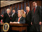 President George W. Bush is joined by members of Congress as he signs H.R. 1053, to authorize the Extension of Nondiscriminatory Treatment to the Products of Ukraine, Thursday, March 23, 2006, in the Eisenhower Executive Office Building in Washington. President Bush is joined by, from left to right, U.S. Sen. Richard Lugar, R- Ind.; U.S. Rep. Jim Gerlach, R-Pa.; U.S. Rep. Tom Lantos, D-Calif.; U.S. Rep. Candice Miller, R-Mich; U.S. Rep. Curt Weldon, R-Pa., and U.S. Rep. Mike Fitzpatrick, R-Pa. White House photo by Kimberlee Hewitt