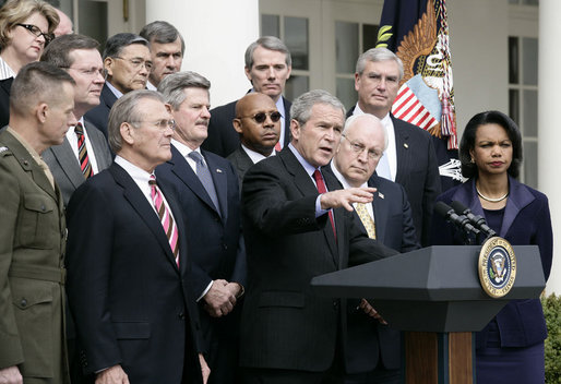 President George W. Bush is joined by his Cabinet in the Rose Garden as he offers remarks Tuesday, March 28, 2006, after finishing their third meeting of the year. Said the President, "Secretary Rice encouraged our Cabinet members to build relationships with their counterparts in Iraq once the new Iraqi government is formed. And I expect them to follow through on their commitments." White House photo by Eric Draper