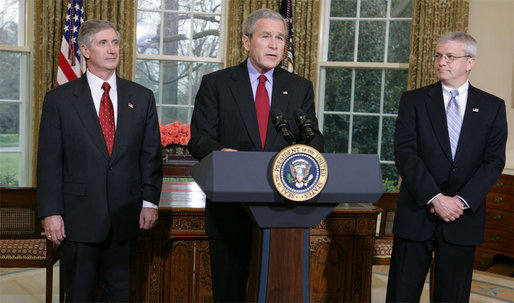 President George W. Bush announces the resignation of Secretary Andy Card as Chief of Staff Tuesday, March 28, 2006, and introduces Director Josh Bolten, Office of Management and Budget, as successor during a press conference in the Oval Office. White House photo by David Bohrer