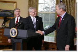 President George W. Bush shakes the hand of Josh Bolten Tuesday, March 28, 2006, after introducing him as the new Chief of Staff, succeeding Secretary Andrew Card. " No person is better prepared for this important position, and I'm honored that Josh has agreed to serve," said the President.  White House photo by David Bohrer
