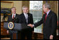 President George W. Bush shakes the hand of Josh Bolten Tuesday, March 28, 2006, after introducing him as the new Chief of Staff, succeeding Secretary Andrew Card. " No person is better prepared for this important position, and I'm honored that Josh has agreed to serve," said the President. White House photo by David Bohrer