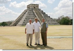 President George W. Bush, Mexico's President Vicente Fox and Canada's Prime Minister Stephen Harper, right, stand in front of the Chichen-Itza Archaeological Ruins Thursday, March 30, 2006. White House photo by Kimberlee Hewitt