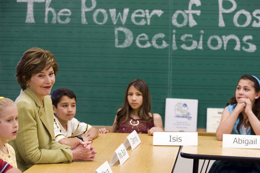 As part of her Helping America’s Youth Initiative, Mrs. Laura Bush participates in a round-table discussion with Mr. Jay Pierce’s fifth grade class at Bel Air Elementary School in Albuquerque, N. M., Monday, April 3, 2006. The discussion with the children is focused around a curriculum called Protecting You/Protecting Me which teaches children how to protect themselves and make informed decisions regarding alcohol and drugs. White House photo by Shealah Craighead
