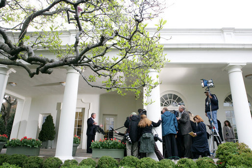 President George W. Bush offers remarks to the White House Press Pool before departing Wednesday, April 5, 2006, for Andrews Air Force Base en route to Connecticut. White House photo by Shealah Craighead