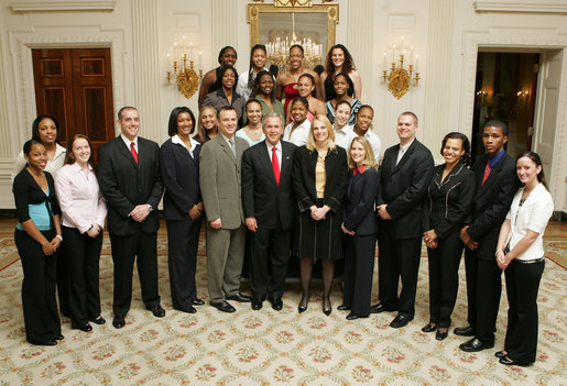 President George W. Bush stands with members of the University of Maryland Women’s Basketball Team Thursday, April 6, 2006, during a photo opportunity with the 2005 and 2006 NCAA Sports Champions at the White House. White House photo by Kimberlee Hewitt