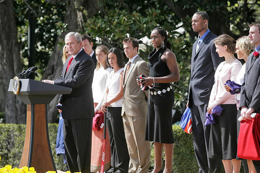 President George W. Bush congratulates the 2005 and 2006 NCAA Championship teams during a South Lawn ceremony Thursday, April 6, 2006. White House photo by Kimberlee Hewitt