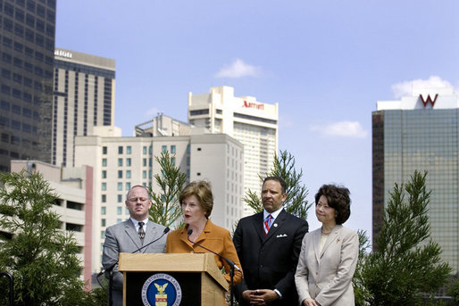 Mrs. Laura Bush, flanked by Mark Sanders, GM of Marriott Hotels, Marc Morial, President and CEO of the National Urban League, and Labor Secretary Elaine Chao, announces a $20 million dollar grant to the National Urban League in New Orleans, La., Monday, April 10, 2006, for their Youth Empowerment program to help at-risk youth find stable employment, as part of the Helping America's Youth initiative. White House photo by Shealah Craighead