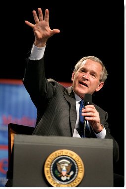 President George W. Bush discusses the Medicare prescription drug benefit plan at the Etta & Joseph Miller Performing Arts Center in Jefferson City, Mo., Tuesday, April 11, 2006.  White House photo by Eric Draper
