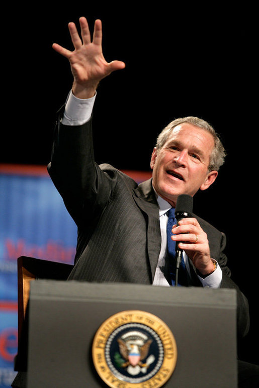 President George W. Bush discusses the Medicare prescription drug benefit plan at the Etta & Joseph Miller Performing Arts Center in Jefferson City, Mo., Tuesday, April 11, 2006. White House photo by Eric Draper