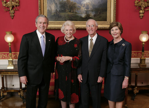 President George W. Bush and Laura Bush welcome retired U.S. Supreme Court Justice Sandra Day O’Connor and her husband John J. O’Connor to the White House, Wednesday evening, April 12, 2006, for a retirement dinner in honor of Justice O’Connor. White House photo by Paul Morse