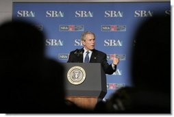 President George W. Bush addresses the Small Business Week Conference in Washington, D.C., Thursday, April 13, 2006. "Small businesses create two out of every three new jobs. And they account for nearly half of the country's overall employment," said the President in his remarks.  White House photo by Paul Morse