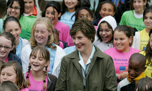 Mrs. Laura Bush meets with the Katrina Kids, children from the Katrina ravaged areas of the Gulf Coast, during their visit to the White House to attend the 2006 White House Easter Egg Roll, Monday, April 17, 2006. White House photo by Shealah Craighead