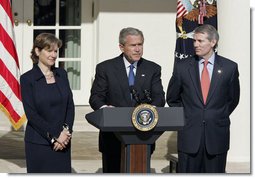 President George W. Bush announces the nomination of Rob Portman as Director of the Office of Management and Budget and Susan Schwab as the U.S. Trade Representative in the Rose Garden Tuesday, April 18, 2006.  White House photo by Paul Morse