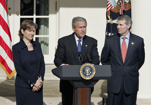 President George W. Bush announces the nomination of Rob Portman as Director of the Office of Management and Budget and Susan Schwab as the U.S. Trade Representative in the Rose Garden Tuesday, April 18, 2006. White House photo by Paul Morse