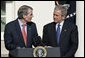 President George W. Bush stands with Rob Portman, his nominee as Director of the Office of Management and Budget during an announcement in the Rose Garden Tuesday, April 18, 2006. "The Office of Management and Budget is one of the most essential agencies of our government," said the President. "The OMB has a central responsibility of implementing the full range of my administration's agenda, from defense programs that will keep our people secure, to energy initiatives that will break our dependence on oil, to tax policies that keep our economy growing and creating jobs. White House photo by Paul Morse