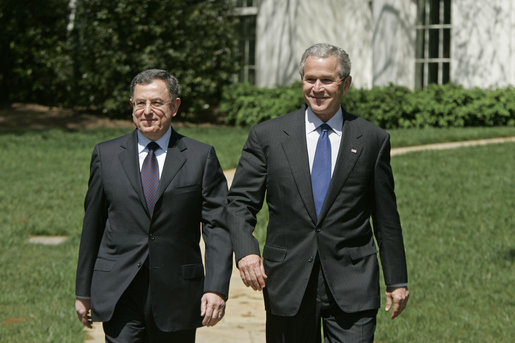 President George W. Bush and Prime Minister Fouad Siniora of Lebanon address the press on the South Lawn Tuesday, April 18, 2006. White House photo by Paul Morse