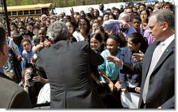 President George W. Bush greets a sea of students at Parkland Magnet Middle School for Aerospace Technology in Rockville, Md., Tuesday, April 18, 2006. White House photo by Kimberlee Hewitt