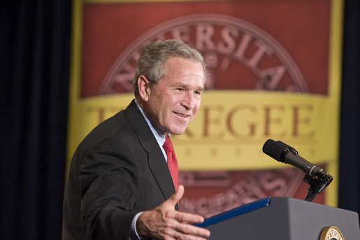 President George W. Bush remarks from the podium during a visit Wednesday, April 19, 2006, to Tuskegee, Ala., where he spoke on the American Competitiveness Initiative. White House photo by Paul Morse