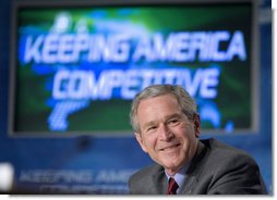 President George W. Bush participates in a Panel on the American Competitiveness Initiative at Cisco Systems, Inc in San Jose, California, Friday, April 21, 2006. White House photo by Eric Draper