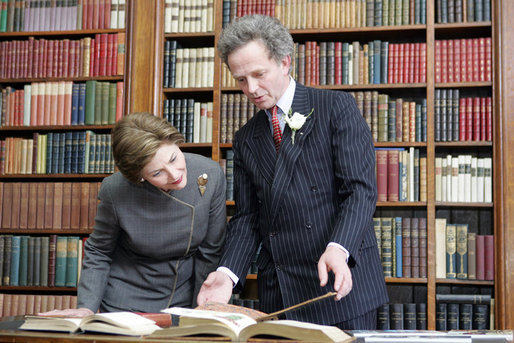 Mrs. Laura Bush tours the library of The Mount Estate and Gardens, home of author Edith Wharton, in Lenox, Mass., Monday, April 24, 2006, during a ceremony celebrating the acquisition and restoration of the library. The Mount was designed and built by Edith Wharton in 1902, and the library contains more than 2,600 volumes and titles. White House photo by Shealah Craighead