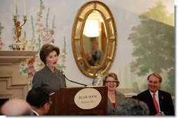 Mrs. Laura Bush speaks to an audience that includes 35 ambassadors representing countries with extreme adult/child illiteracy rates, Monday, April 24, 2006, during a luncheon celebrating the United Nations Educational, Scientific and Cultural Organizational (UNESCO), Education for All Week, at the Blair House in Washington, D.C. Education for All is an international effort coordinated by UNESCO to make the benefits of education accessible to all people. White House photo by Shealah Craighead