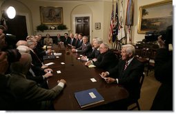 President George W. Bush meets with members of the U.S. Senate Tuesday, April 25, 2006, in the Roosevelt Room of the White House where he briefed them on Iraq and the global war on terror.  White House photo by Eric Draper