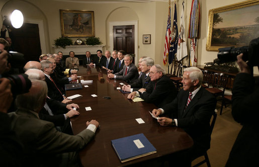 President George W. Bush meets with members of the U.S. Senate Tuesday, April 25, 2006, in the Roosevelt Room of the White House where he briefed them on Iraq and the global war on terror. White House photo by Eric Draper