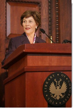 Mrs. Laura Bush addresses her remarks to guests attending the James Madison Council Luncheon Tuesday, April 26, 2006 at the Library of Congress in Washington, where she thanked the council for their support of the National Book Festival and the importance of the newly created Gulf Coast School Library Recovery Initiative.  White House photo by Kimberlee Hewitt