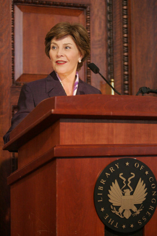 Mrs. Laura Bush addresses her remarks to guests attending the James Madison Council Luncheon Tuesday, April 26, 2006 at the Library of Congress in Washington, where she thanked the council for their support of the National Book Festival and the importance of the newly created Gulf Coast School Library Recovery Initiative. White House photo by Kimberlee Hewitt